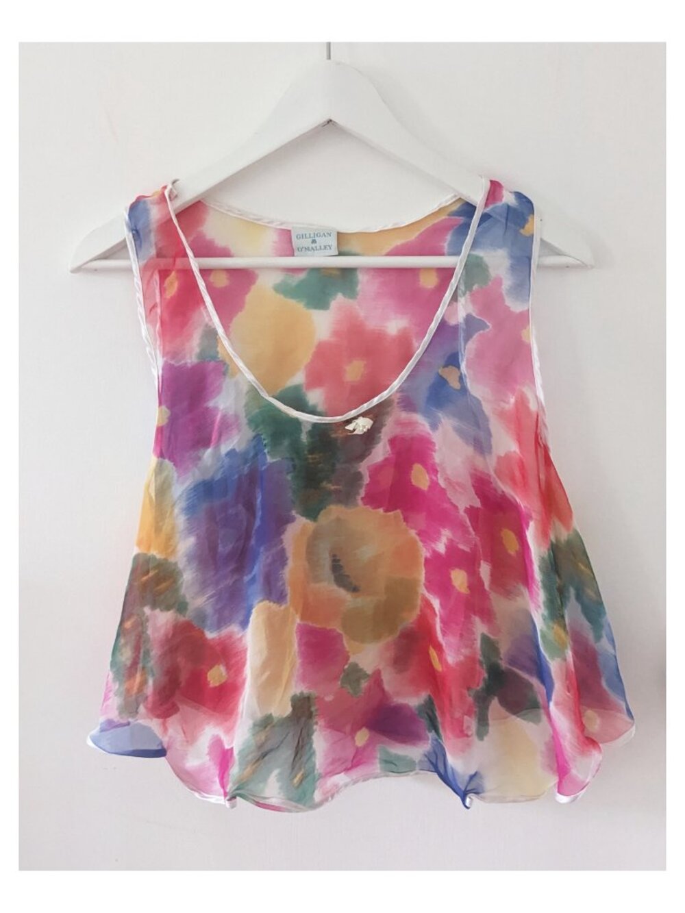 90s Multicolor watercolor floral flower print sheer crop tank top women's MEDIUM